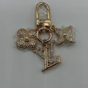 Upcycled Gold Crystal LV Charm Keychain with Floral and Star Pendants